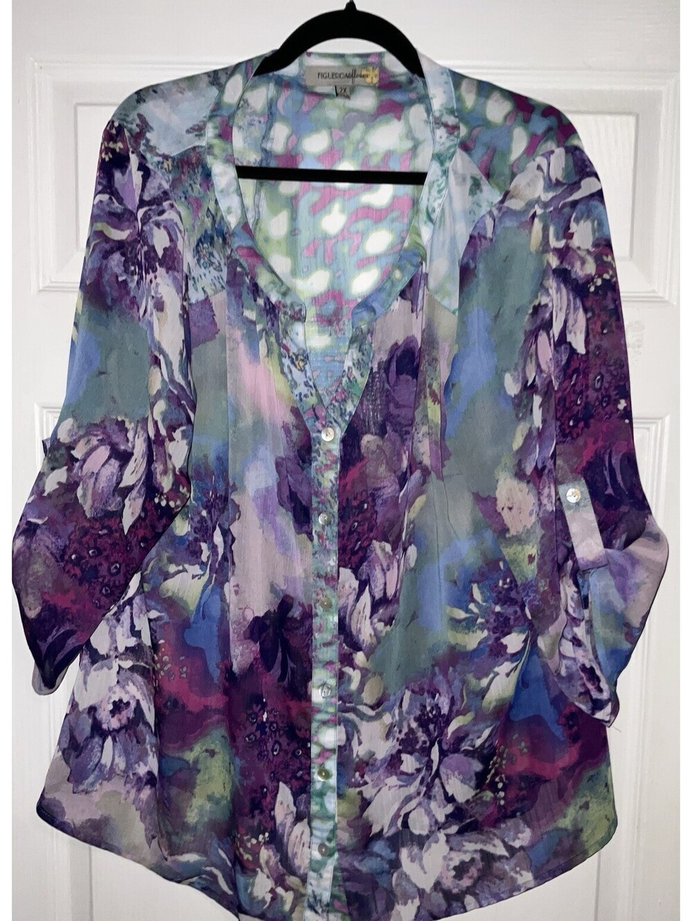 Figueroa & Flower Womens sz. L Sheer Blouse Button Up Watercolor Floral